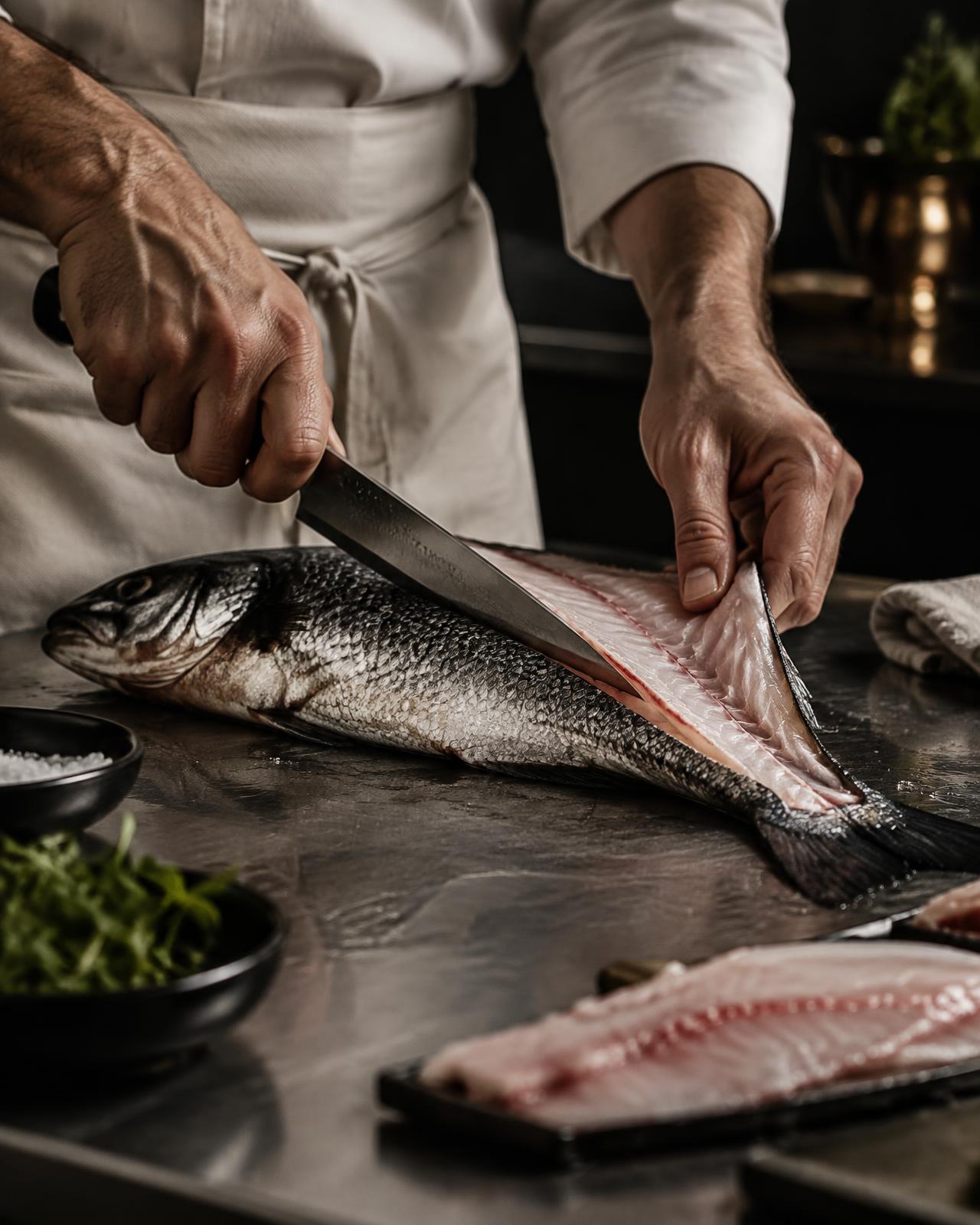 Preparazione a mano del pesce fresco al banco